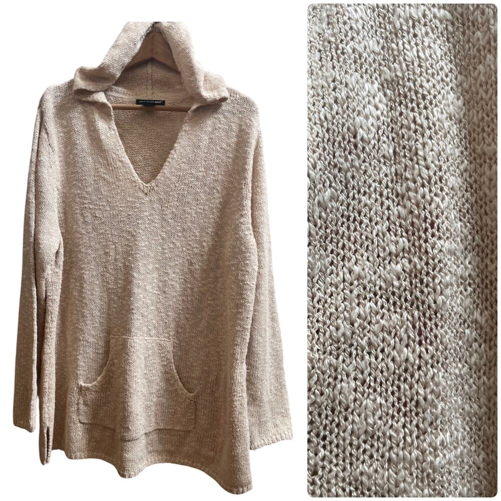 Vintage 90s Saint Tropez West Women Knit V Neck Pullover Tunic Hoodie Neutral 2X